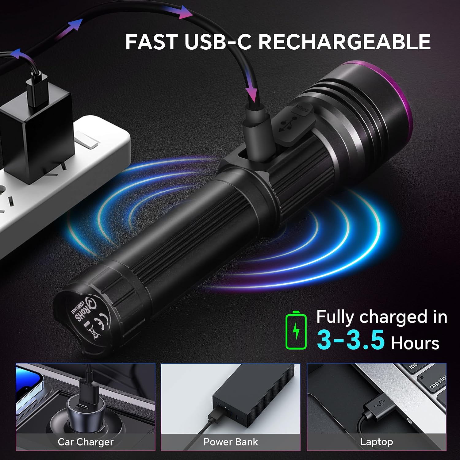 365nm UV Light Flashlight Rechargeable Black Light for Pet Urine Detection