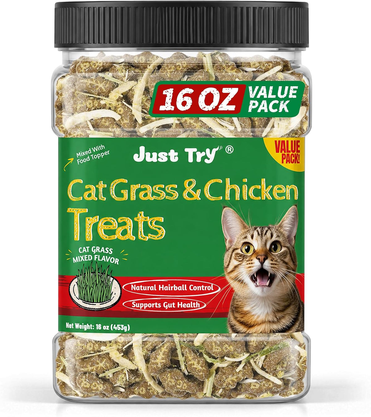 Just Try Cat Grass Jerky Treats for Indoor Cats, 16 oz