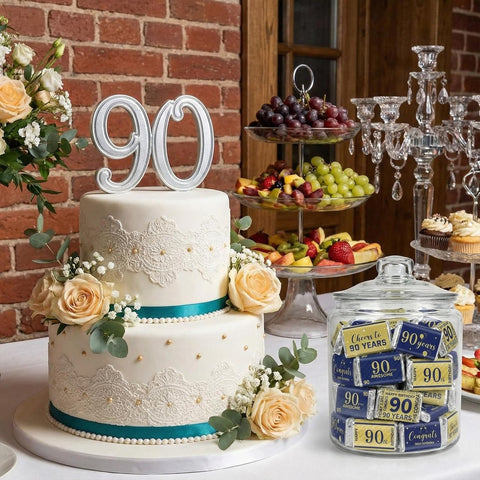 Tenare 90 Pcs 90th Birthday Candy Wrappers, Blue and Gold Stickers