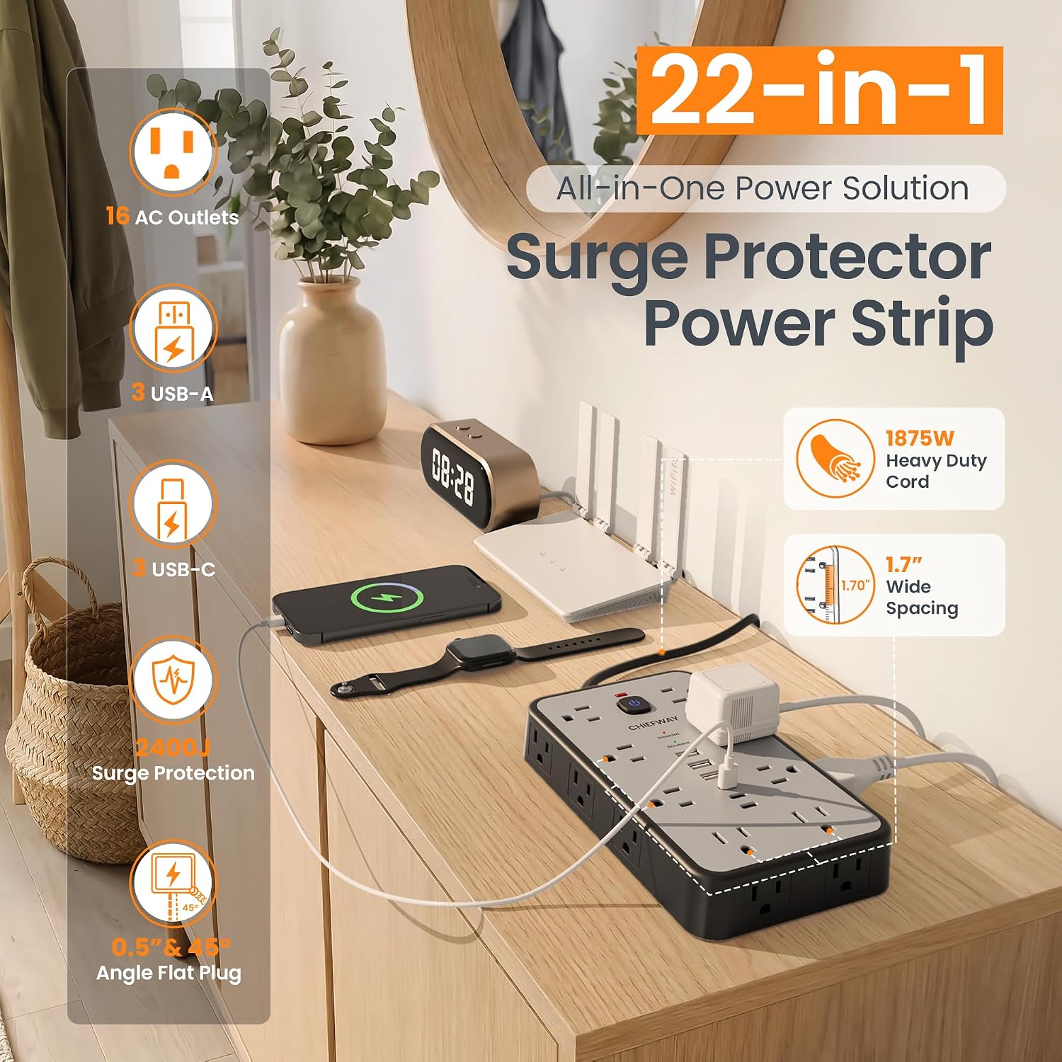 10 FT Surge Protector Power Strip with 6 USB, 16 Outlets, 2400J