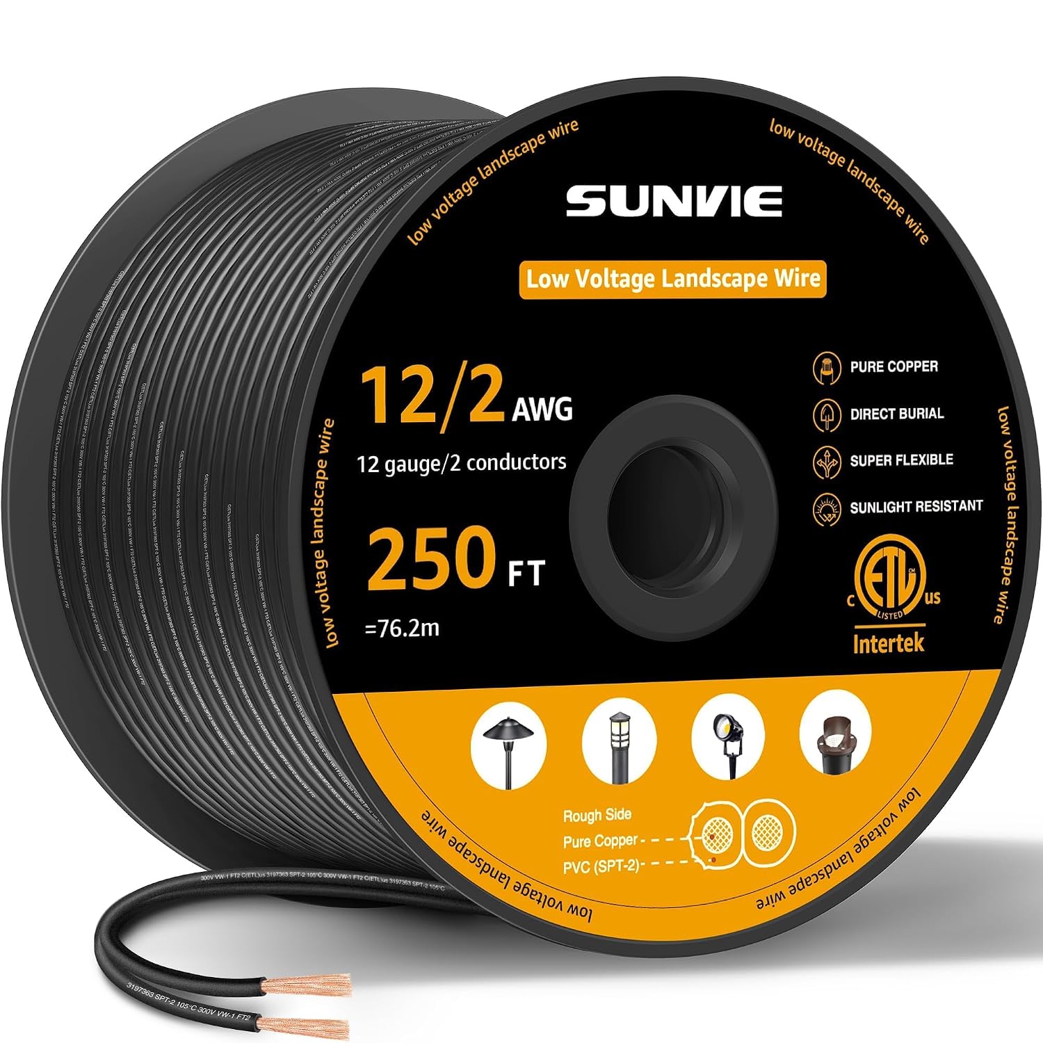 SUNVIE 12/2 Low Voltage Landscape Wire 12 Gauge Pure Copper Wire, 250FT