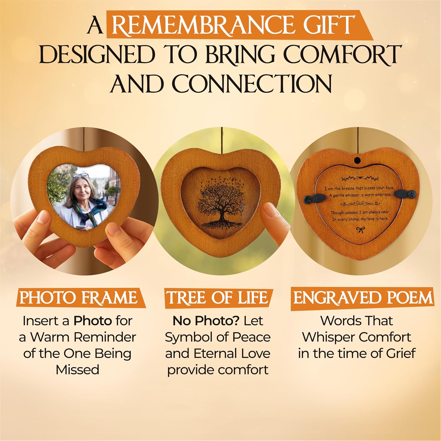 32 inch Golden DIY Photo Insert Memorial Wind Chimes for Loss of Loved One
