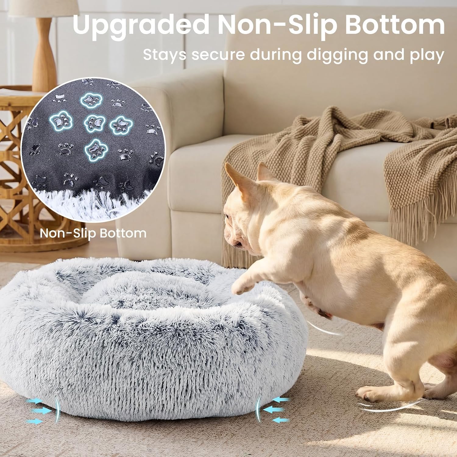 JOLLYVOGUE Small Dog Bed, Calming Dog Beds for Small Dogs & Indoor Cats - 20 Inches Donut Washable Cat Bed for Kittens & Puppies, Round Fluffy Plush Faux Fur Pet Beds(Smoke Grey)