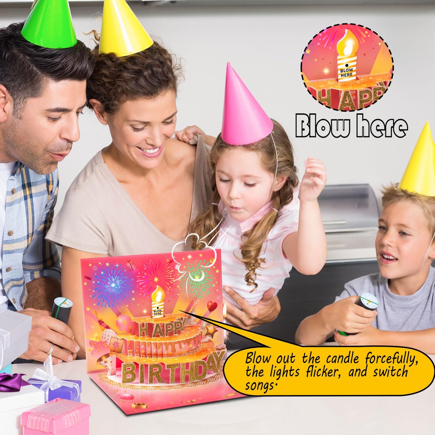 Pop Up Birthday Cards for Women, LED Light Music Blow The Candle