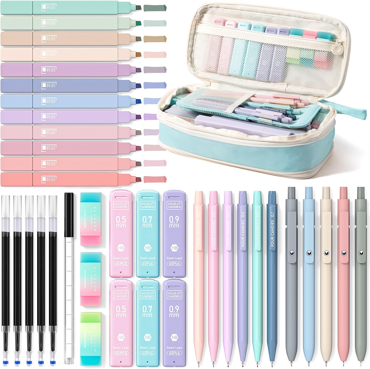Four Candies School Supplies with Cute Pencil Case, 39ct, Blue