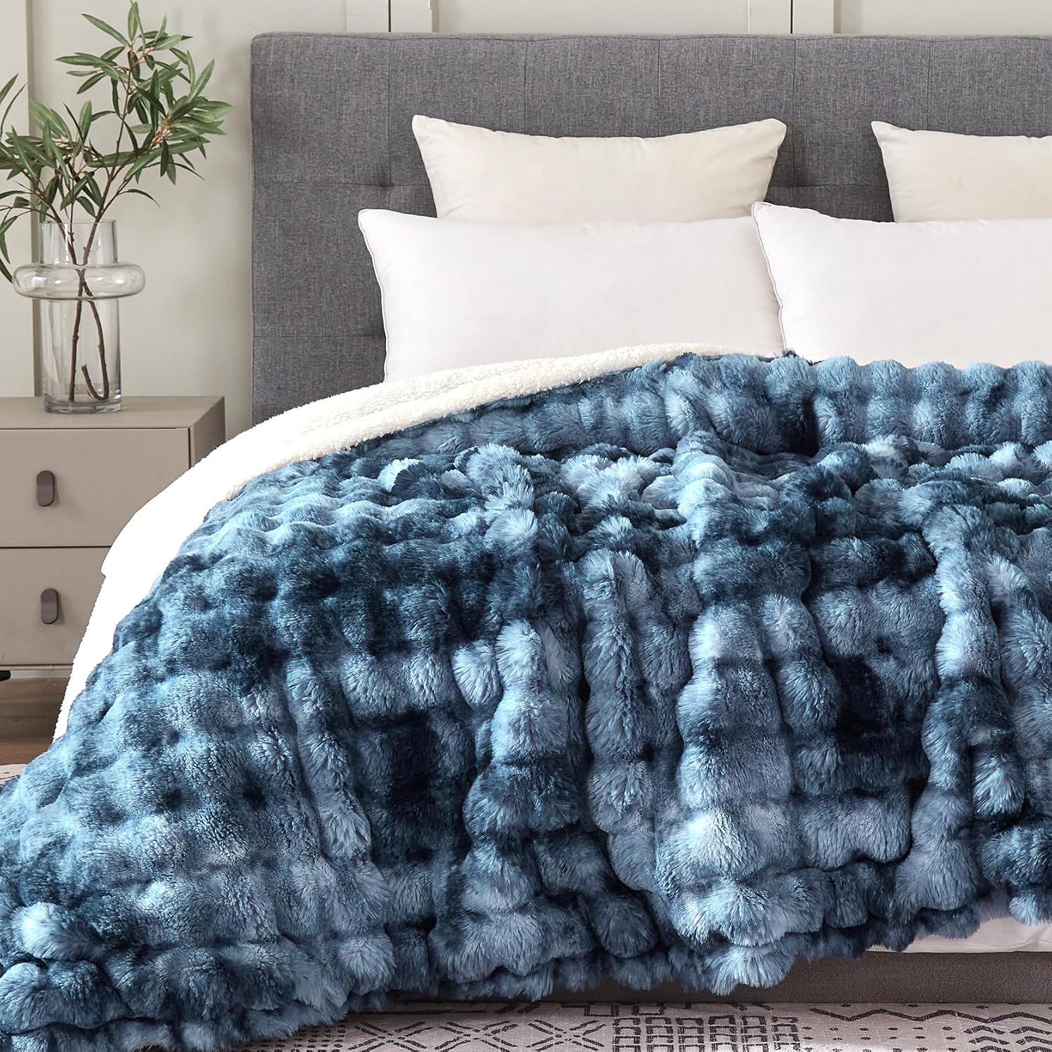 60"x80" Ultra-Soft Fuzzy Faux Fur Twin Blanket, Dark Blue Tie Dye