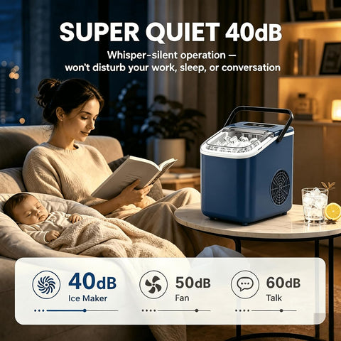 Portable Countertop Ice Maker, 22Lbs/24h, 6 Min Bullet Ice, 2 Ice Sizes, 40dB Quiet & Self‑Cleaning for Home RV Camping