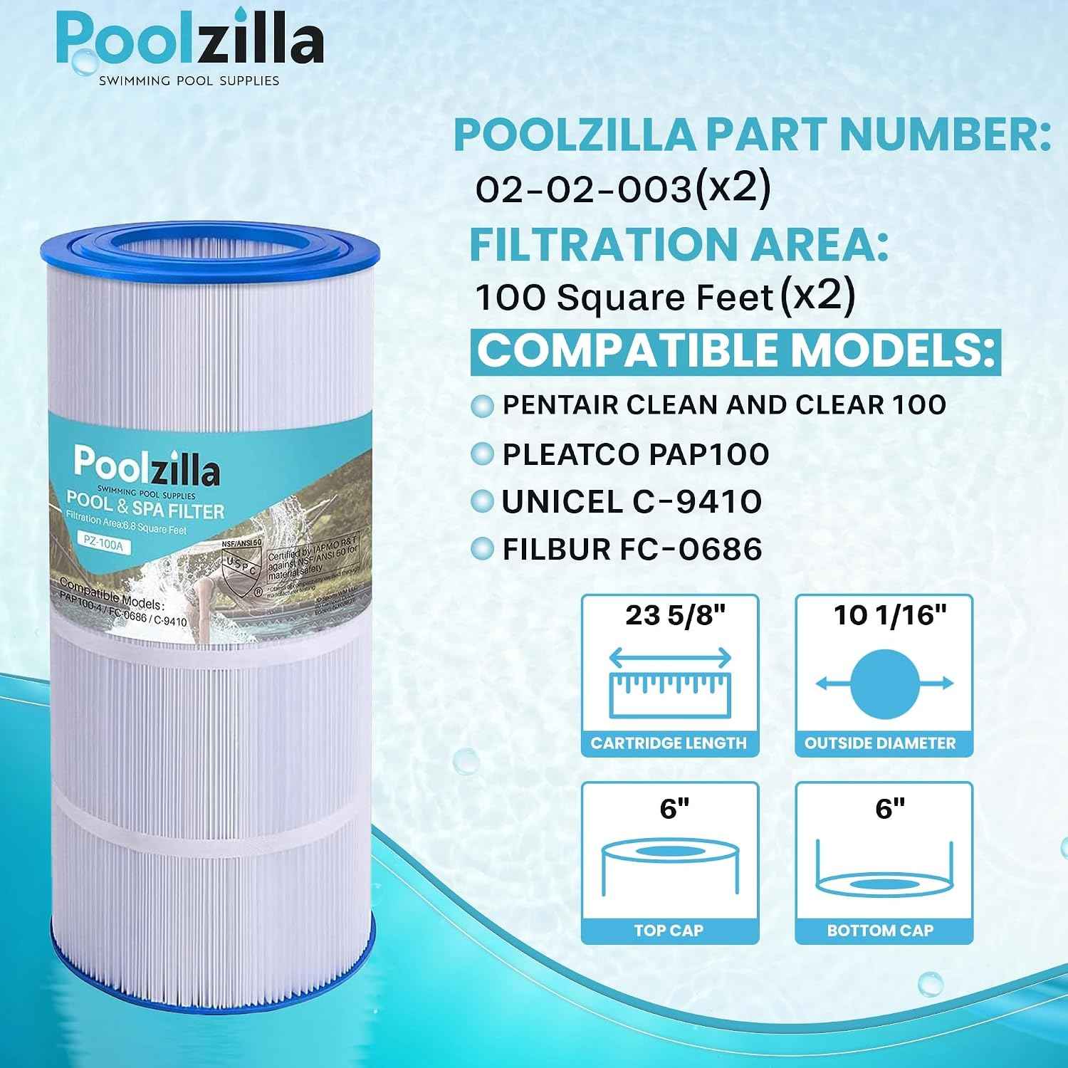 Poolzilla [1 Filter Cartridge Compatible w/ CC100, C-9410, Pentair R173215