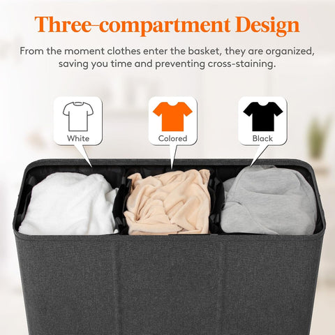 Lifewit Triple Laundry Hamper with Lid, Removable Laundry Bags, Dark Gray