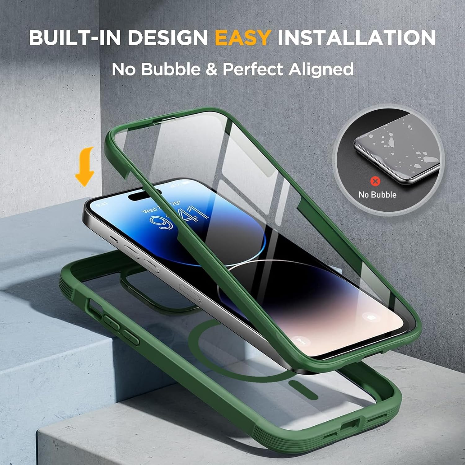 Miracase Magnetic for iPhone 14 Pro Case 6.1 inch, (Compatible with MagSafe) Upgrade Full-Body Clear Phone Bumper Case with Built-in 9H Tempered Glass Screen Protector, Magnetic Acacia Green