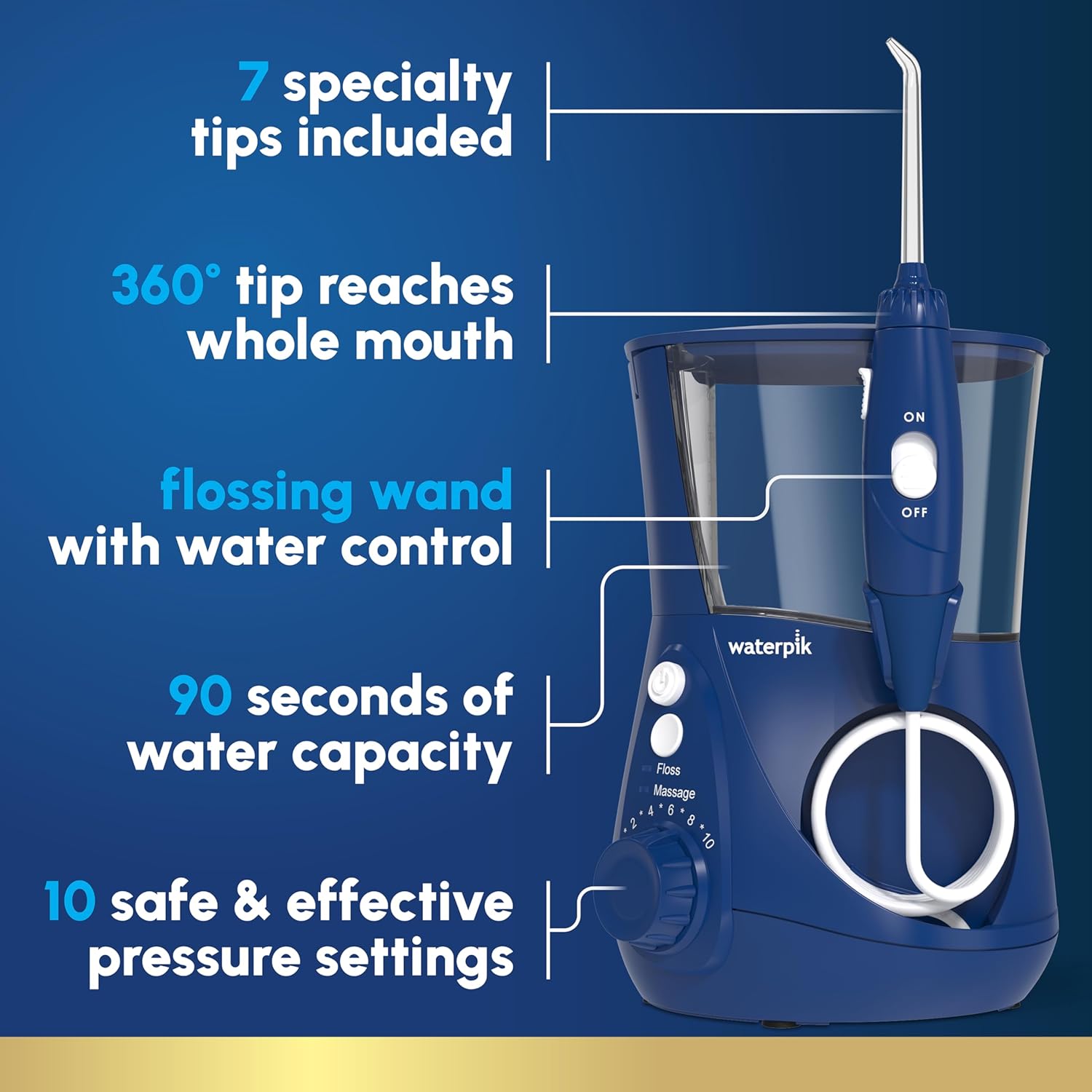 Waterpik Aquarius Countertop Water Flosser with 10 Settings, 7 Tips, Blue