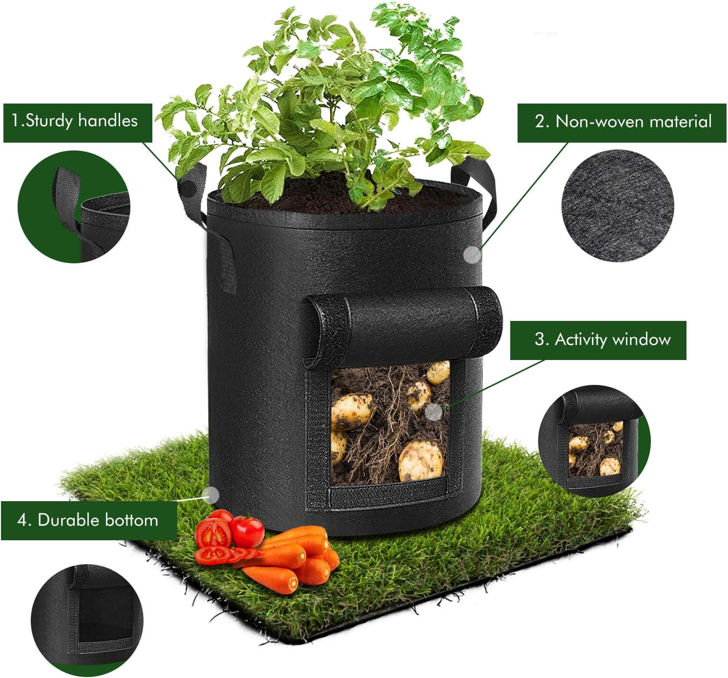 Cavisoo 5-Pack 10 Gallon Potato Grow Bags, Garden Planting Bag with Reinforced Handle, Thickened Nonwoven Fabric Pots for Tomato, Vegetable and Fruits