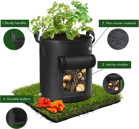 Cavisoo 5-Pack 10 Gallon Potato Grow Bags, Garden Planting Bag with Reinforced Handle, Thickened Nonwoven Fabric Pots for Tomato, Vegetable and Fruits