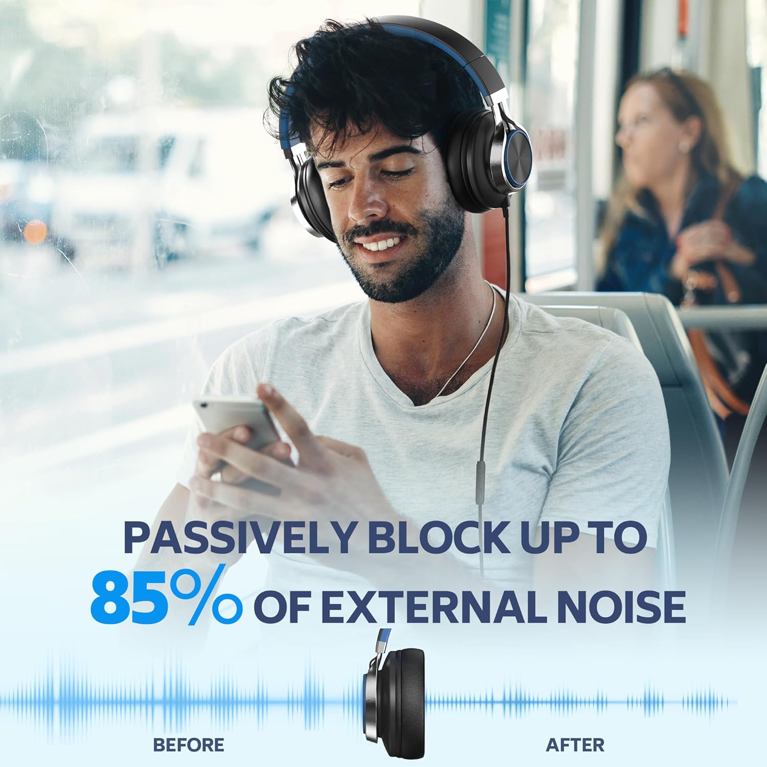 AC01 Over-Ear Headphones Wired with Mic Volume Control, Black Blue