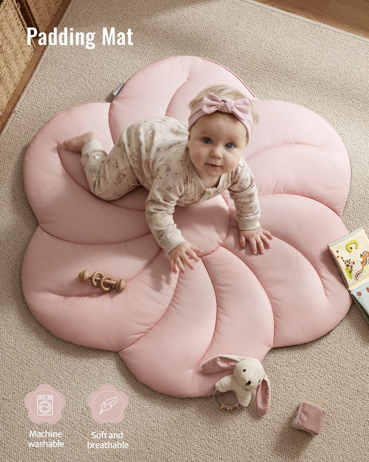 Blissful Diary Baby Play Gym Mat, Tummy Time with 6 Detachable Toys for Sensory & Motor Skill Development, Baby Activity Mat for Girl Boy Newborn Essentials Shower Gift, Pink Floral