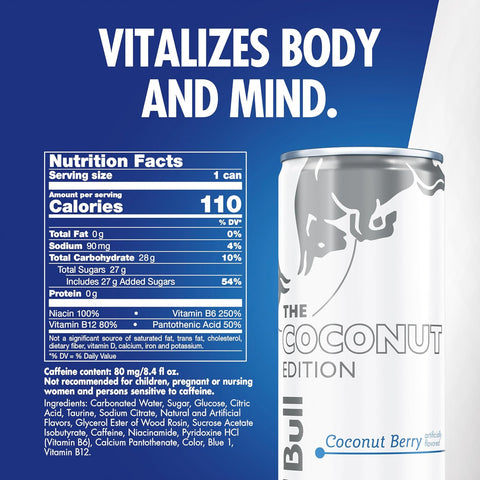 Red Bull Energy Drink, Coconut Berry, 8.4 Fl Oz, Pack of 24 | contains caffeine, taurine, B-vitamins, sugar, and water, 8.4 fl oz, pack of 24 cans