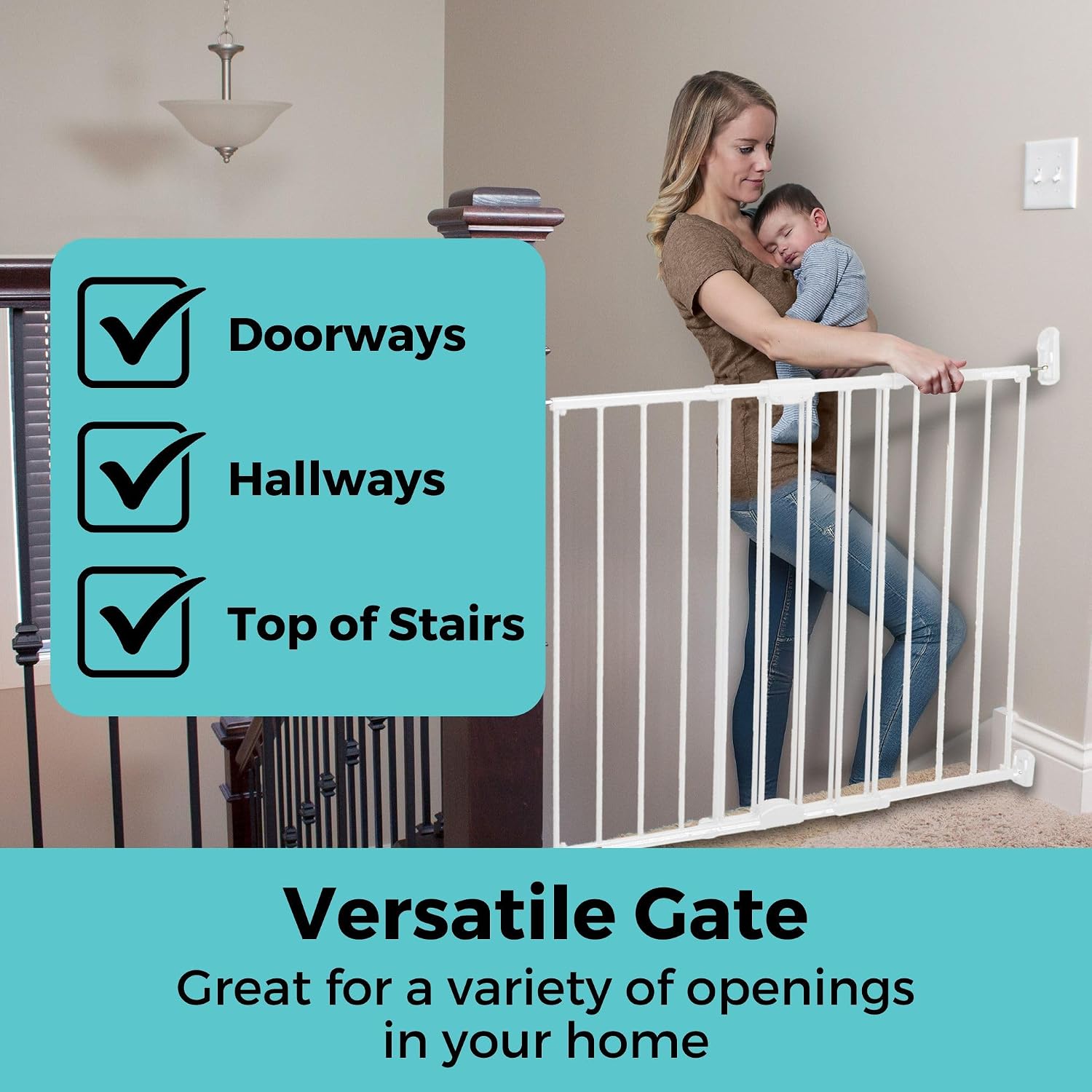 Toddleroo Easy Swing & Lock Baby Gate for Top of Stairs: 31" Tall, White