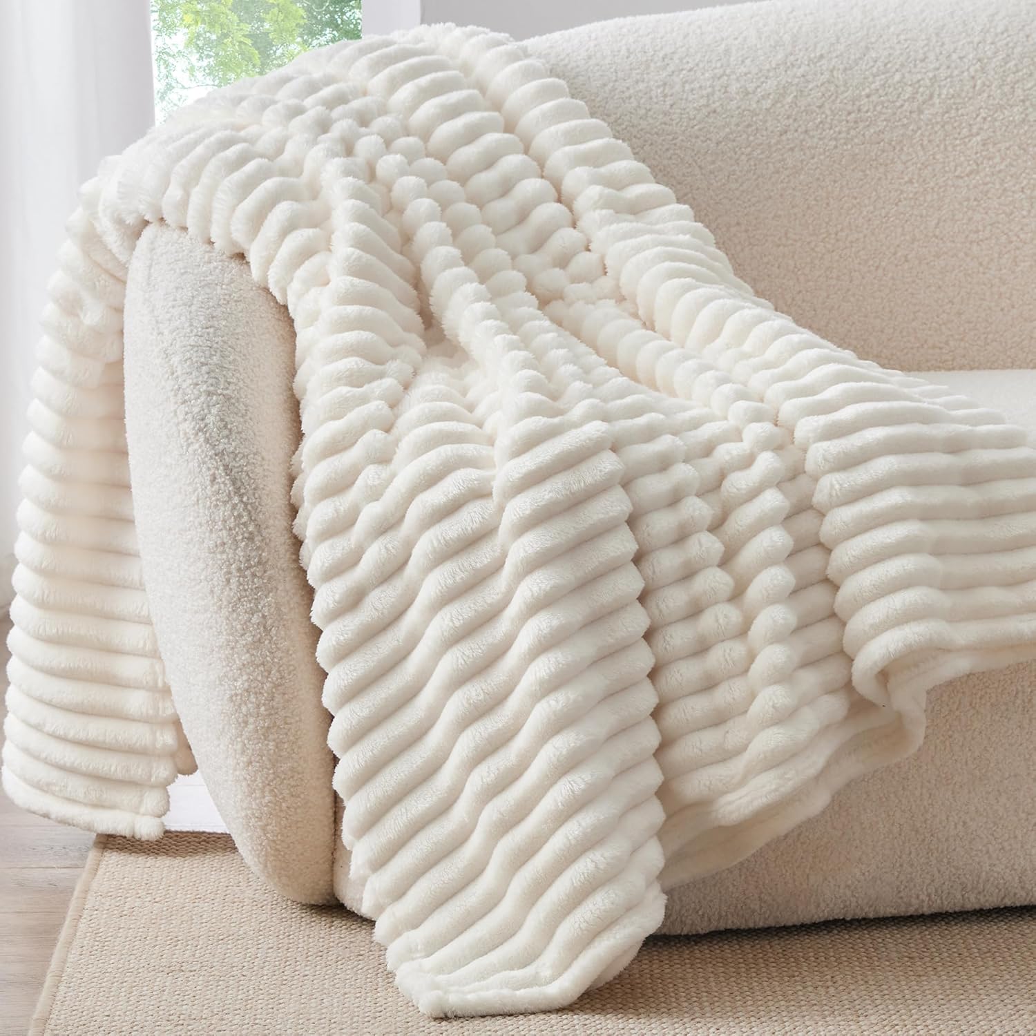 BEDELITE Ribbed Fleece Throw Blanket for Couch, Cream, 50"x60"