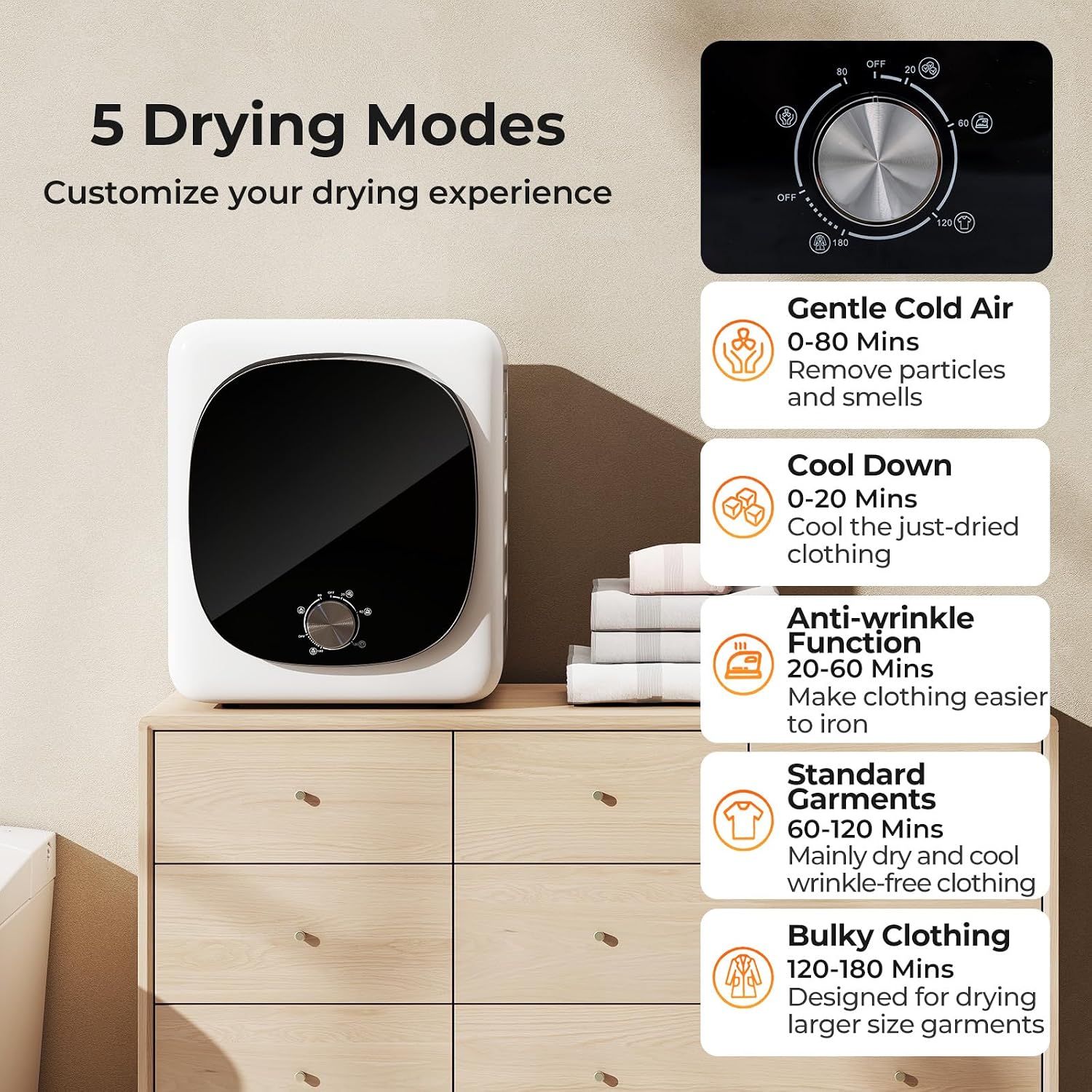 COSTWAY Portable Clothes Dryer, 1.5 cu.ft Compact Drying Machine with Stainless Steel Tub, 800W Electric Laundry Dryer with 5 Modes, Small Vented Tumble Dryer for Apartment, Home, Dorm & RV, White