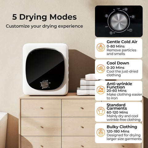 COSTWAY Portable Clothes Dryer, 1.5 cu.ft Compact Drying Machine with Stainless Steel Tub, 800W Electric Laundry Dryer with 5 Modes, Small Vented Tumble Dryer for Apartment, Home, Dorm & RV, White
