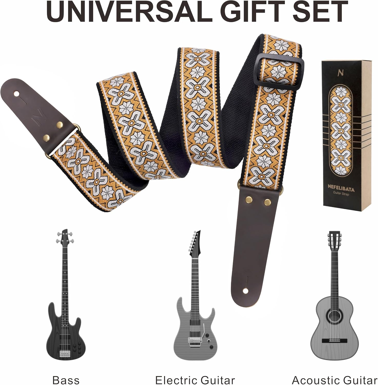Nefelibata Guitar Strap, Embroidered Cotton Guitar Straps with Head Cowhide Leather Ends for Bass, Electric & Acoustic Guitars, Free Strap Button, 1 Pair Strap Locks and 4 Guitar Picks