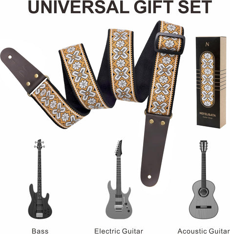 Nefelibata Guitar Strap, Embroidered Cotton Guitar Straps with Head Cowhide Leather Ends for Bass, Electric & Acoustic Guitars, Free Strap Button, 1 Pair Strap Locks and 4 Guitar Picks