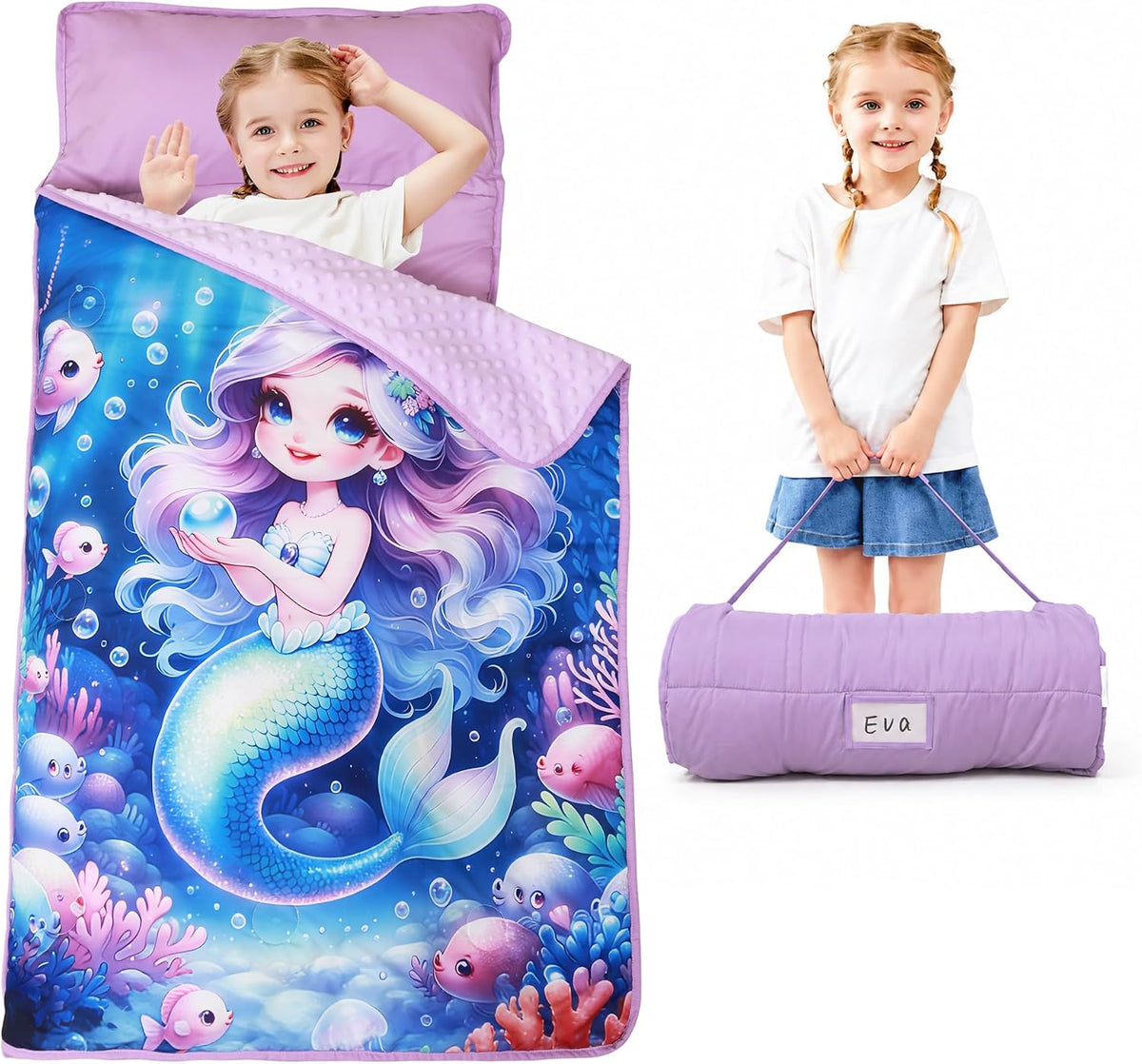 Lasoftan Toddler Nap Mat with Pillow and Blanket, Extra Large Rolled Napping Mats,Slumber Bags for Boys Girls,Kids Sleeping Bag for Daycare, Preschool Travel Camping