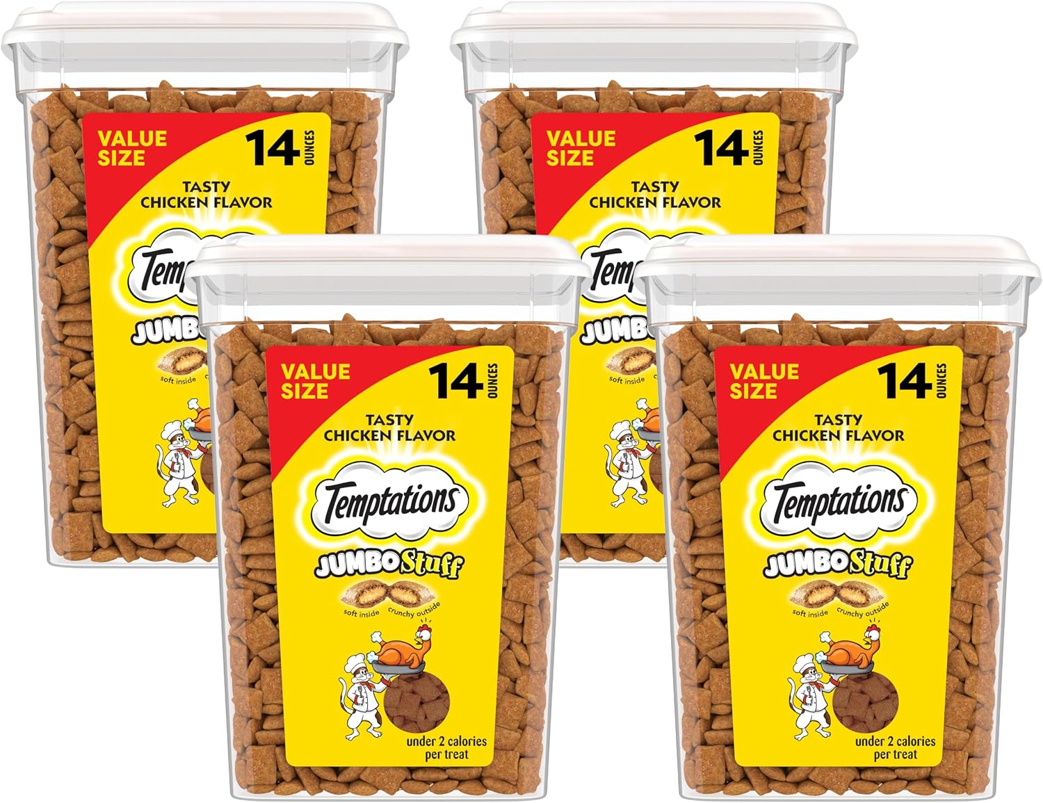 Temptations Jumbo Stuffed Cat Treats,Crunchy and Soft Cat Treats,Tasty Chicken Flavor,14 oz. Tub,(Pack of 4)