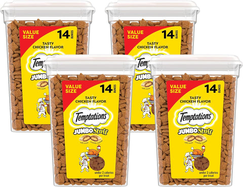 Temptations Jumbo Stuffed Cat Treats,Crunchy and Soft Cat Treats,Tasty Chicken Flavor,14 oz. Tub,(Pack of 4)