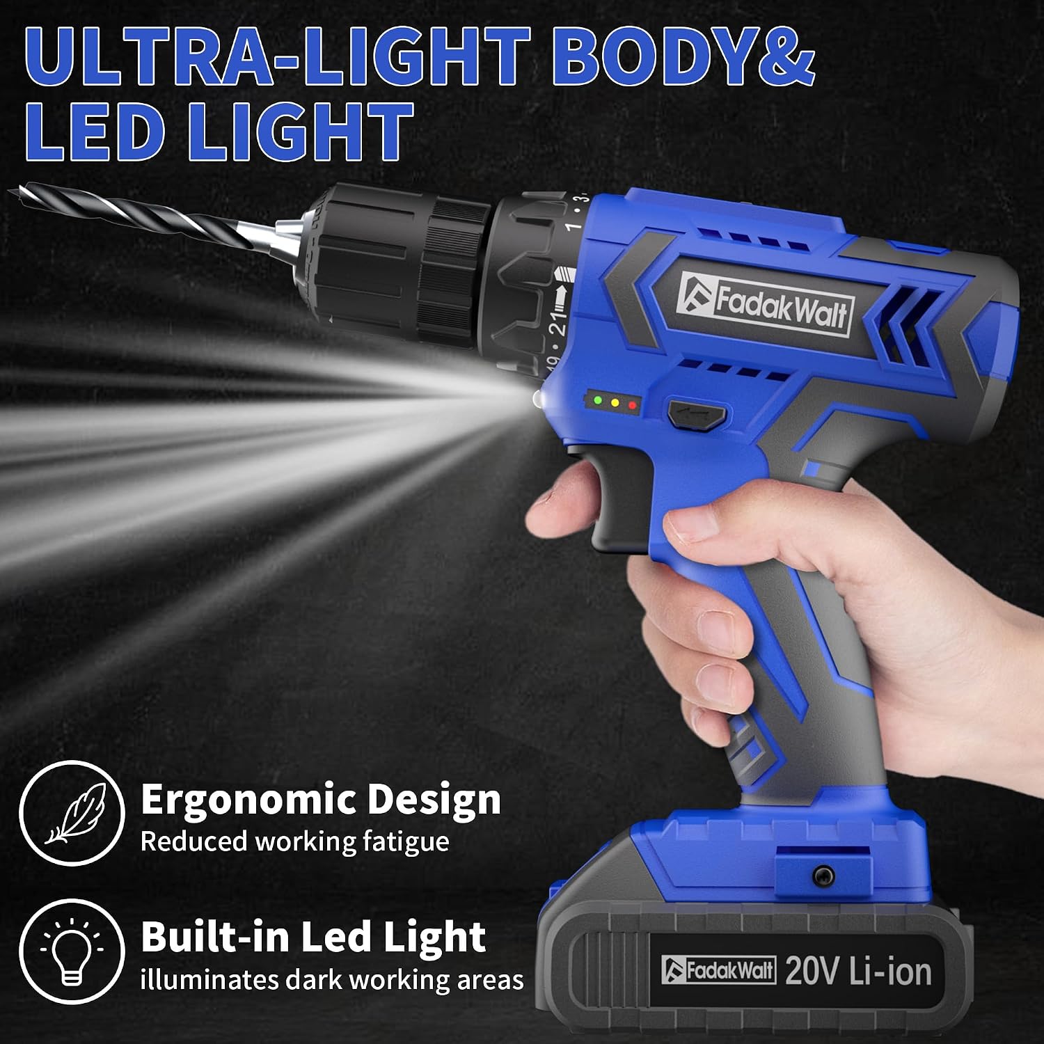 FADAKWALT 20V MAX Cordless Drill Set,Power Drill Kit with Lithium-Ion and charger, 3/8-Inch Keyless Chuck, 2 Variable Speed 21+1 Torque Setting Power Tools Kit，280 inch-lbs with LED Electric Drill Set