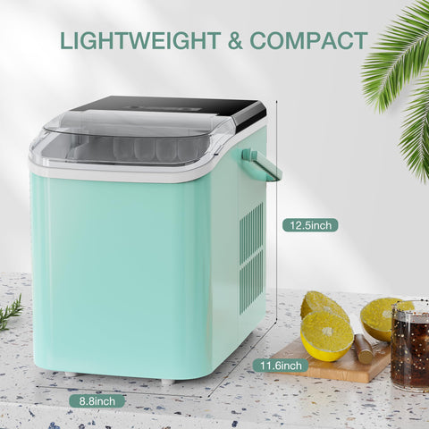 SMUG Countertop Ice Maker, 9 Cubes in 6 Mins, 26lbs in 24Hrs, 2 Sizes of Bullet Ice, Auto-Cleaning, Portable Ice Machine with Handle, Basket and Scoop for Home Kitchen, Party and Camping (Green)