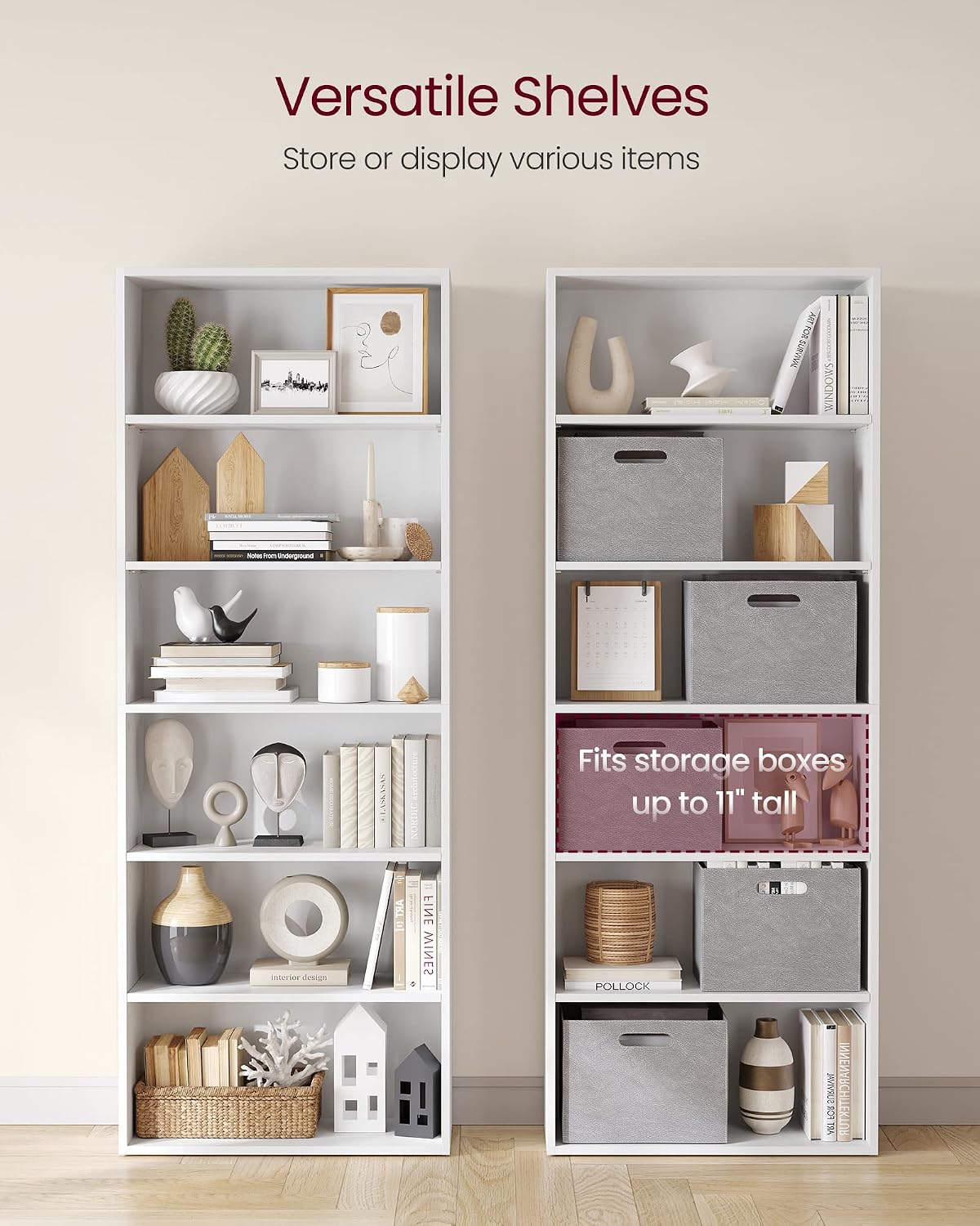 VASAGLE Bookshelf, 23.6 Inches Wide, 6-Tier Open Bookcase with Adjustable Storage Shelves, Floor Standing Unit, Cloud White ULBC166T14