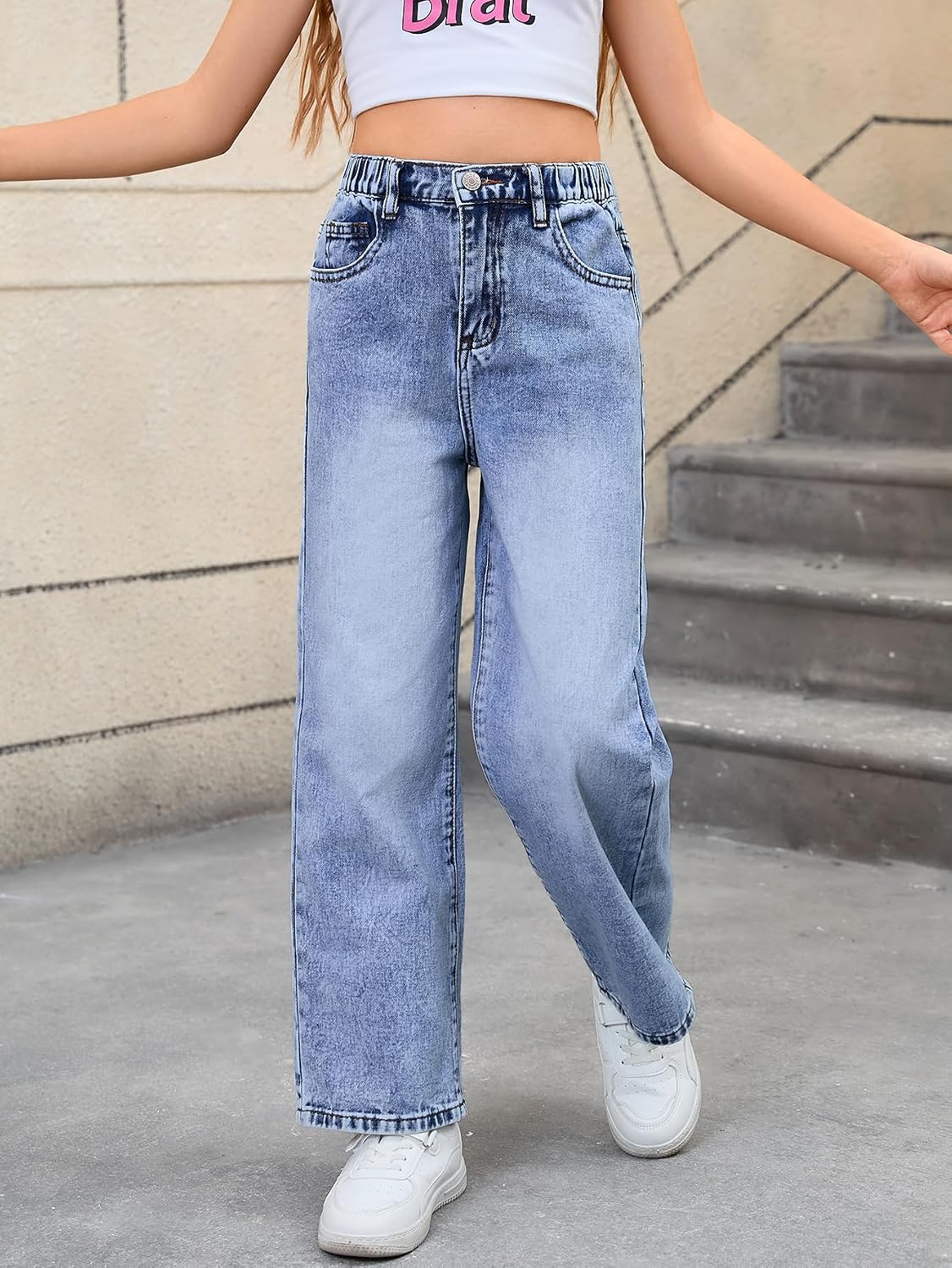 WDIRARA Girl's Bow Print Jeans Elastic High Waist Wide Leg Cute Denim Pants
