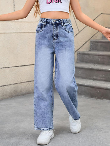 WDIRARA Girl's Bow Print Jeans Elastic High Waist Wide Leg Cute Denim Pants