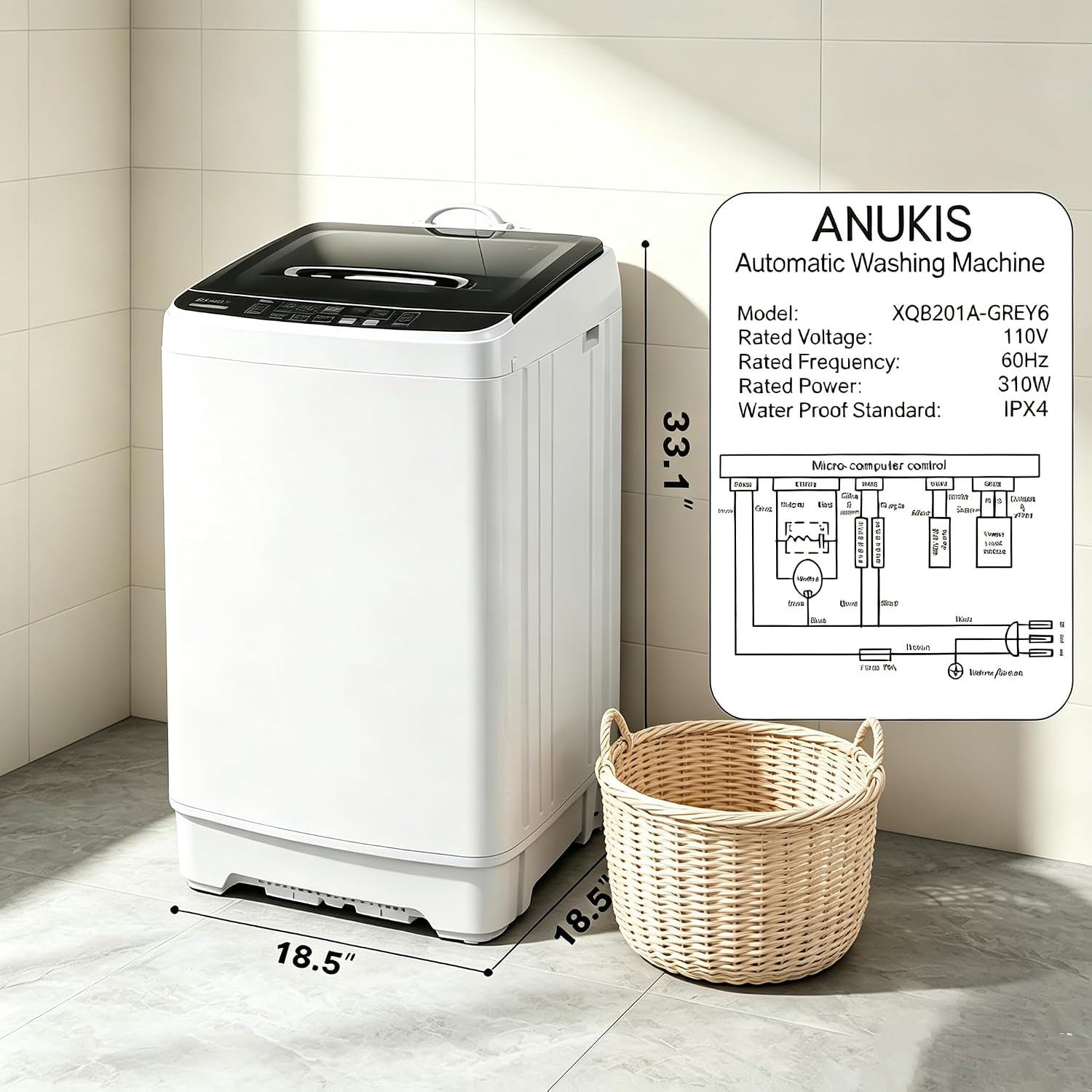Anukis Fully Automatic Washing Machine, 13 lbs Capacity Top Load Washer with Drain Pump, 10 Wash Programs & 8 Water Levels, Household Laundry Washer, White and Gray