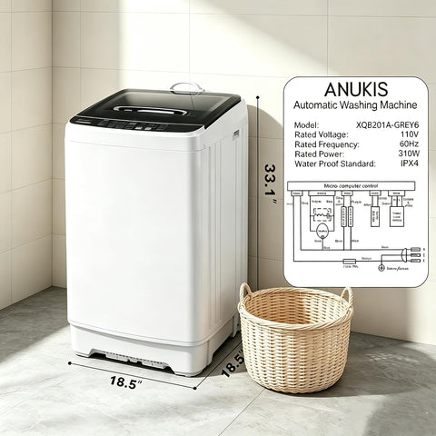 Anukis Fully Automatic Washing Machine, 13 lbs Capacity Top Load Washer with Drain Pump, 10 Wash Programs & 8 Water Levels, Household Laundry Washer, White and Gray