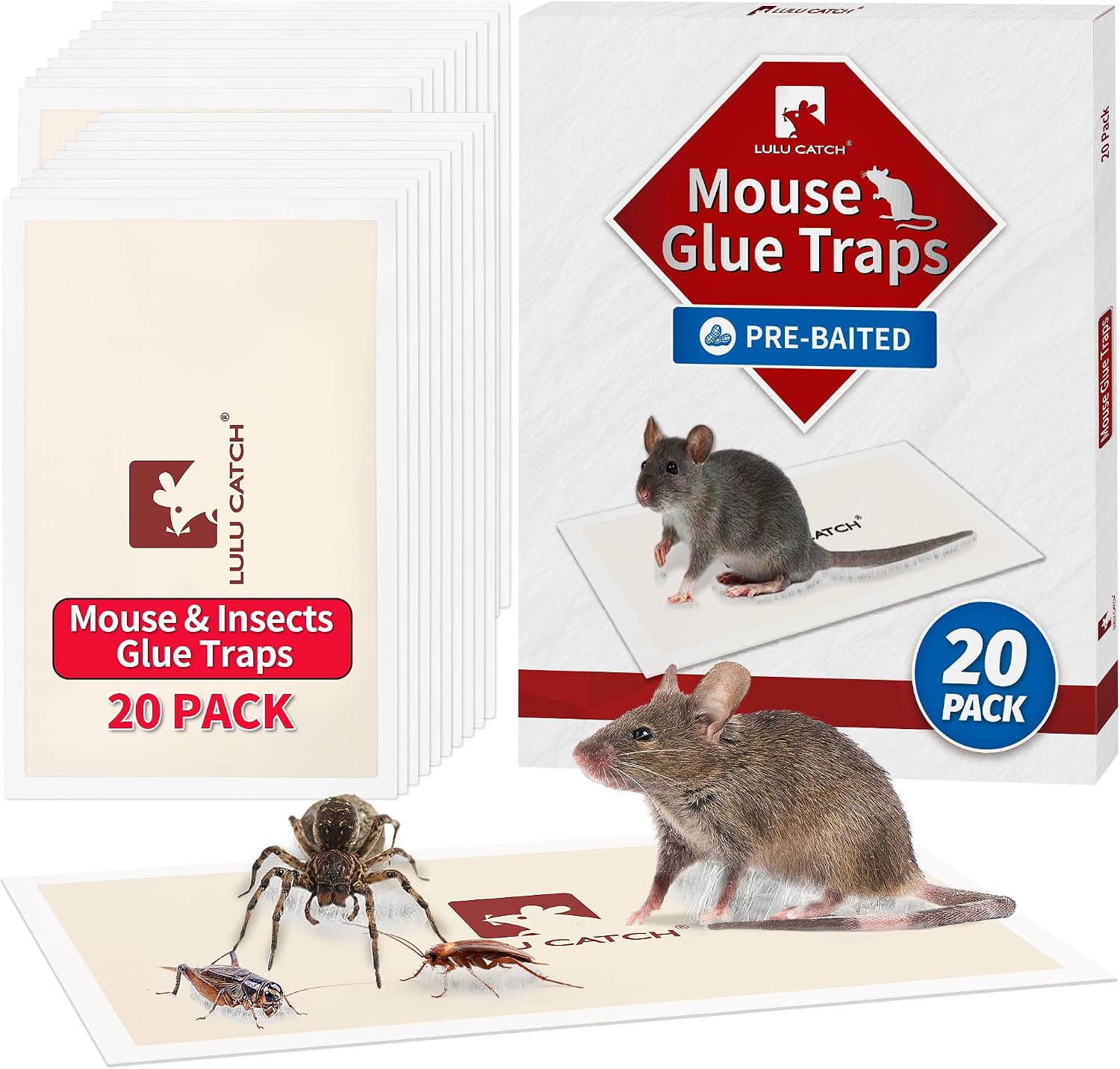 LULUCATCH Mouse Traps, 20 Pack Pre-Baited Sticky Mouse Traps Indoor for Home, Non-Toxic Bulk Sticky Pads, Glue Traps for Rats, Bugs, Spider, Mice, Cockroach, Pet Safe, Easy to Use