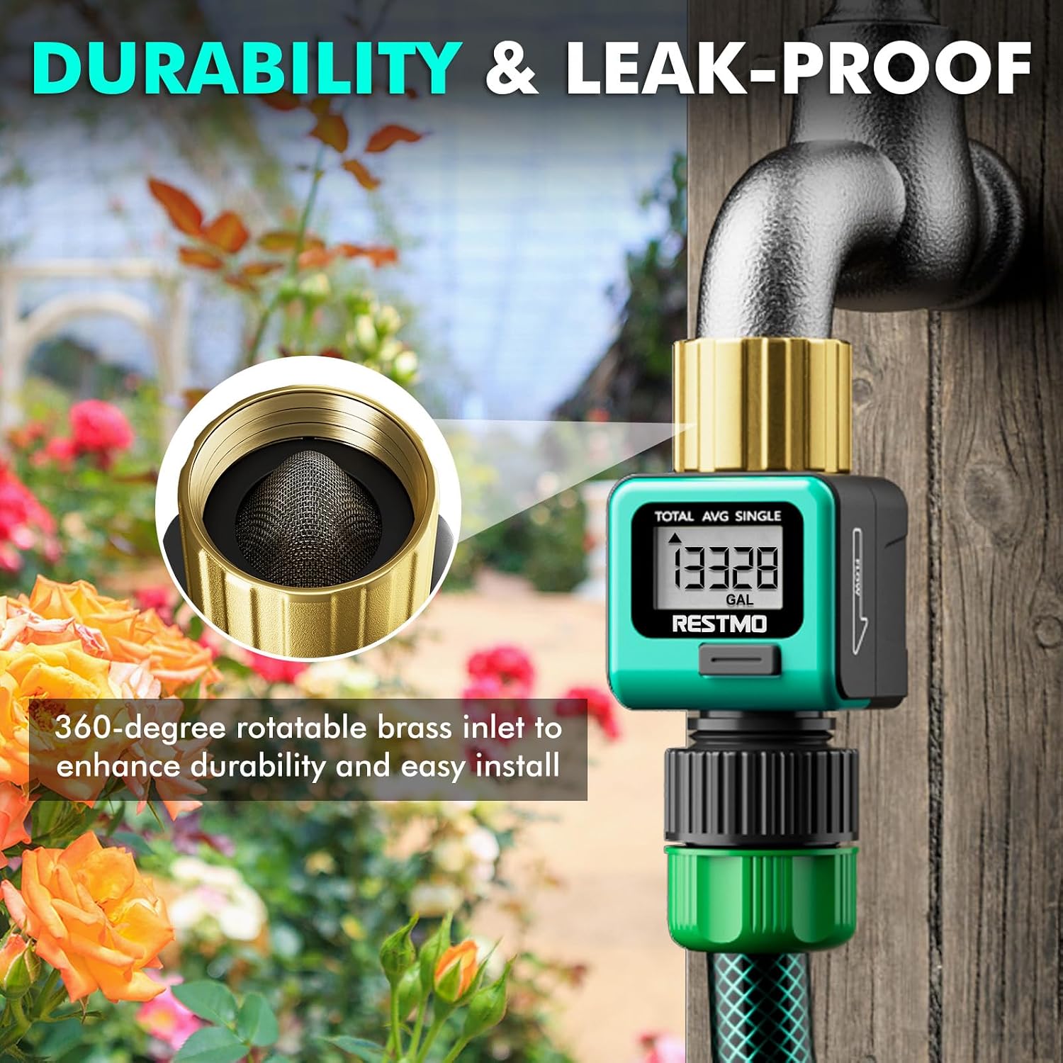 RESTMO Water Flow Meter with Brass Inlet Metal Thread, Measure Gallon/Liter Consumption and Flow Rate for Outdoor Garden Hose Watering, RV Water Tank Filling, Lawn Sprinkler and Nozzle Sprayer
