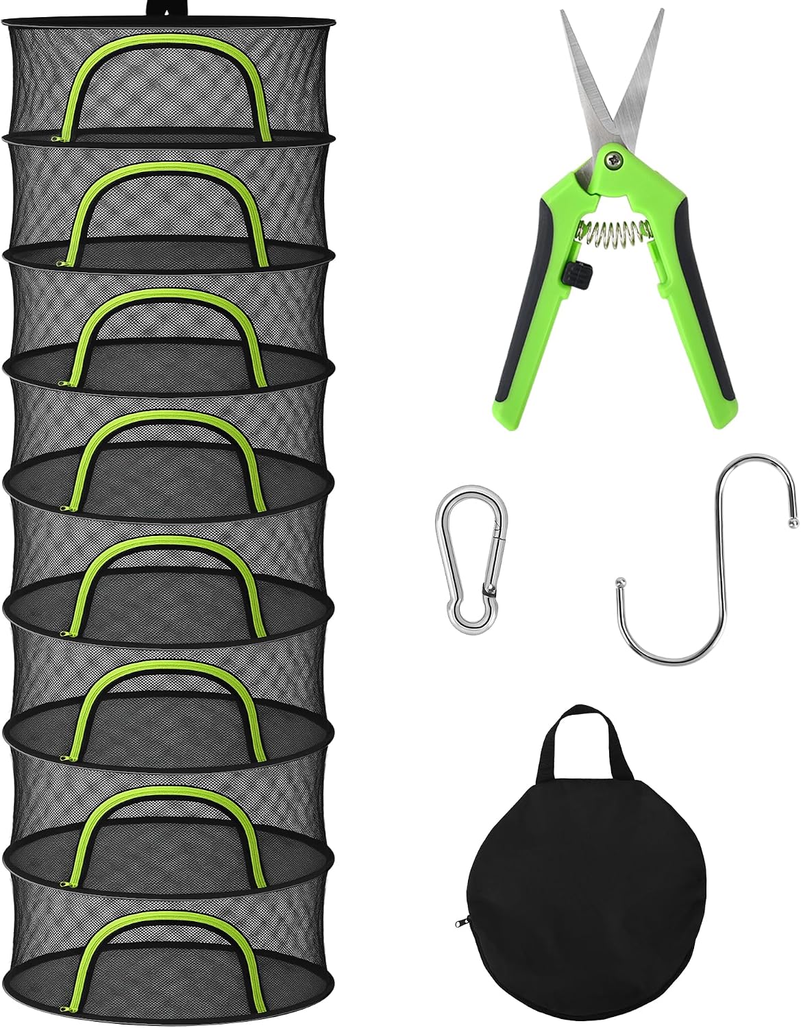 Herb Drying Rack Hanging Mesh 8 Layer 24" with Zipper, Garden Pruning Shear, Hook & Carabiner Clip for Drying Herbs, Plants, Seeds, Buds | Hydroponics & Grow Tents Herb Dryer Hanging Rack