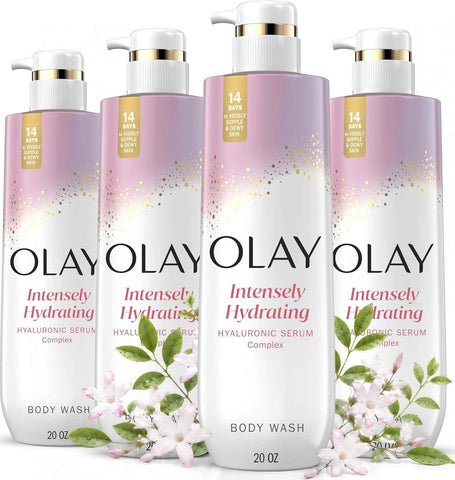 Olay Body Wash for Women, Intensely Hydrating, Hyaluronic Acid Serum Complex, Renews Moisture, Free of Parabens & Phthalates, Vitamin B3 Lameller Technology, For All Skin Types, 20 fl oz (Pack of 4)
