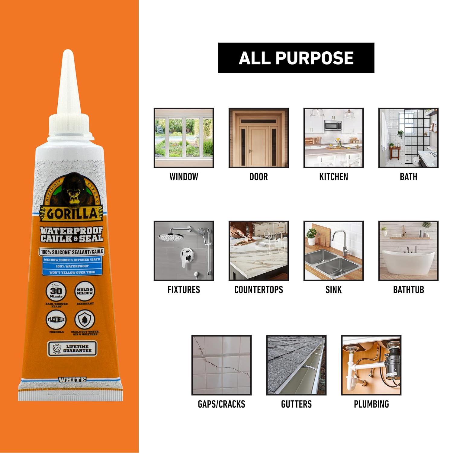 Gorilla 100% Silicone Caulk, Waterproof Sealant, 2.8oz Squeeze Tube, 2-Pack