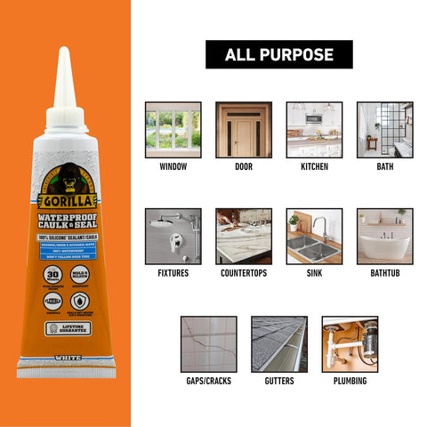 Gorilla 100% Silicone Caulk, Waterproof Sealant, 2.8oz Squeeze Tube, 2-Pack