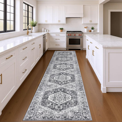 KOZYFLY Runners for Hallways 3x14 Ft Extra Long Washable Kitchen Thin Runner Rug Boho Runner Rug for Entryway Indoor Printed Faux Wool Stair Floor Carpet for Stair Kitchen Hall, Grey