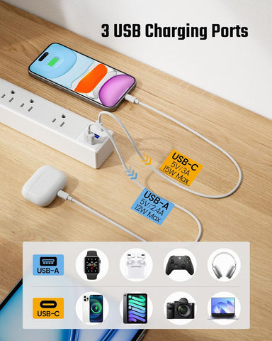 20Ft Long Extension Cord, SUPERDANNY Flat Plug Surge Protector Power Strip
