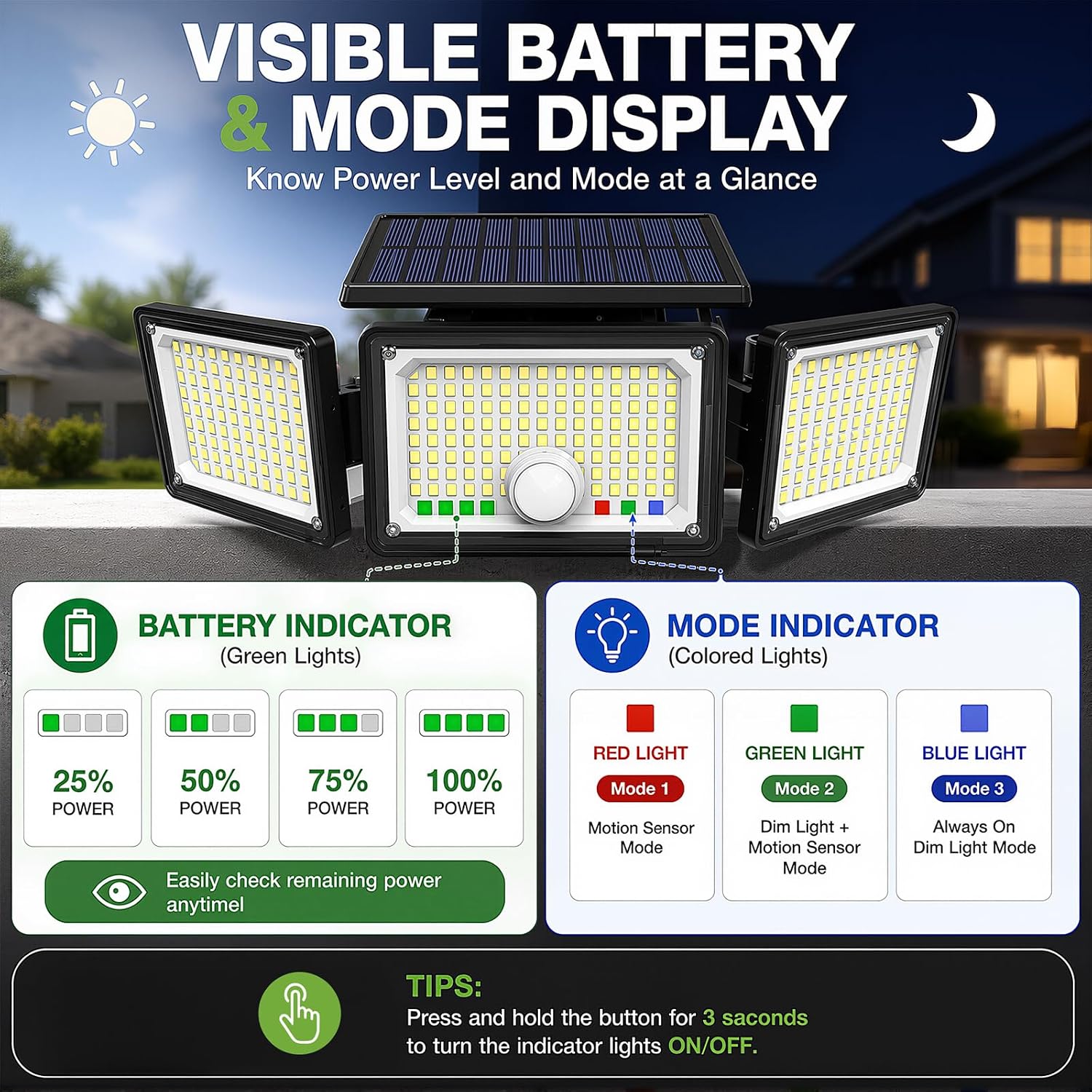 Solar Outdoor Lights Motion Sensor, 2500LM 286 LED Security Flood Lights with Visual Battery & Mode Display, 3 Lighting Modes, IP65 Waterproof 3-Head Wide Angle for Garage, Yard, Patio (2 Pack)