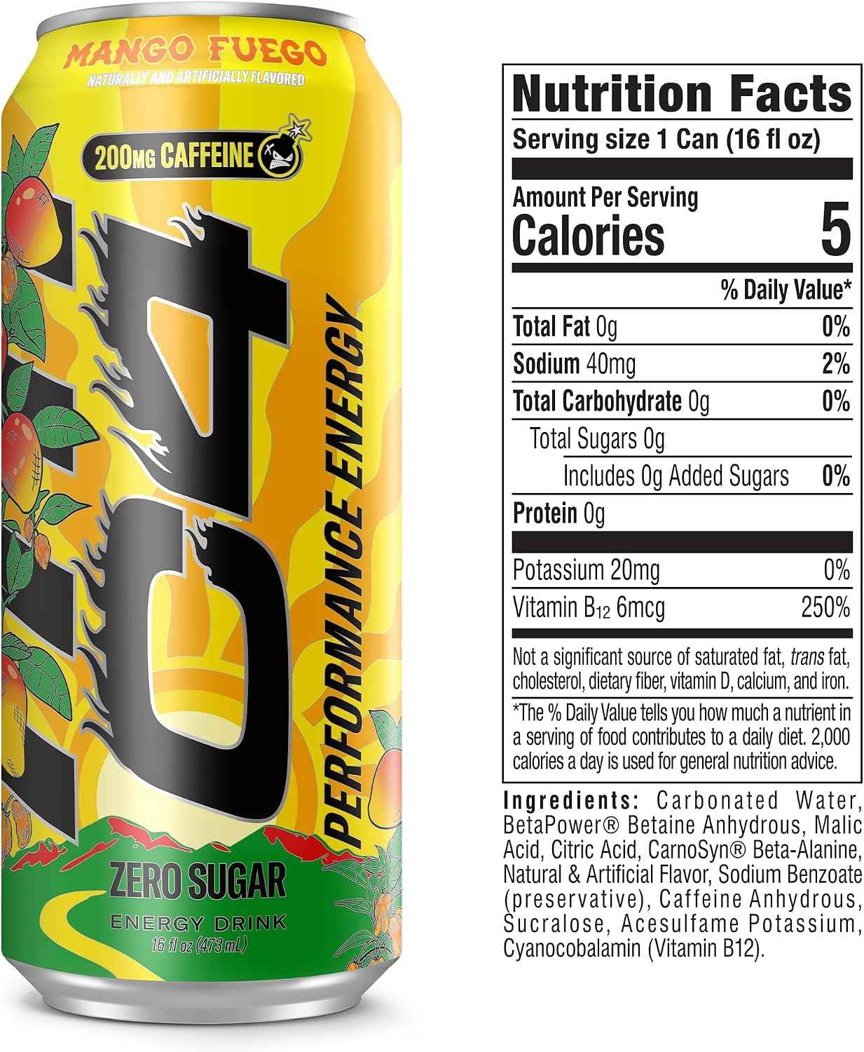 C4 Performance Energy Drink with Zero Sugar, Mango Fuego, 12pk