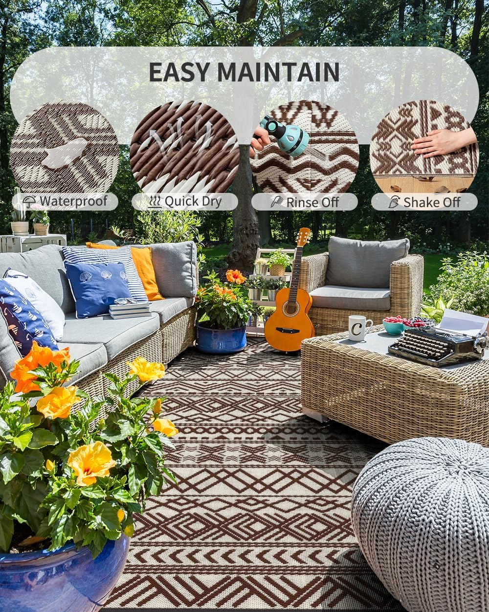 MontVoo Outdoor Rug Carpet Waterproof 5x8 Outdoor Patio Rug Mat Reverisble Plastic Straw Outdoor Rug for RV Camping Picnic Beach Balcony Boho Beige Brown
