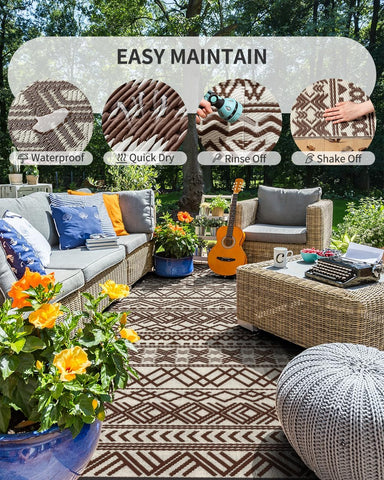 MontVoo Outdoor Rug Carpet Waterproof 5x8 Outdoor Patio Rug Mat Reverisble Plastic Straw Outdoor Rug for RV Camping Picnic Beach Balcony Boho Beige Brown