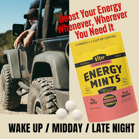 Viter Energy 40mg Caffeine Mints - Sugar Free, B Vitamins, Vegan, Boosts Fast Energized Alert Focus, Caffeinated Nootropic Supplement Pills (Cinnamon Flavor, 8oz, Bulk Bag)
