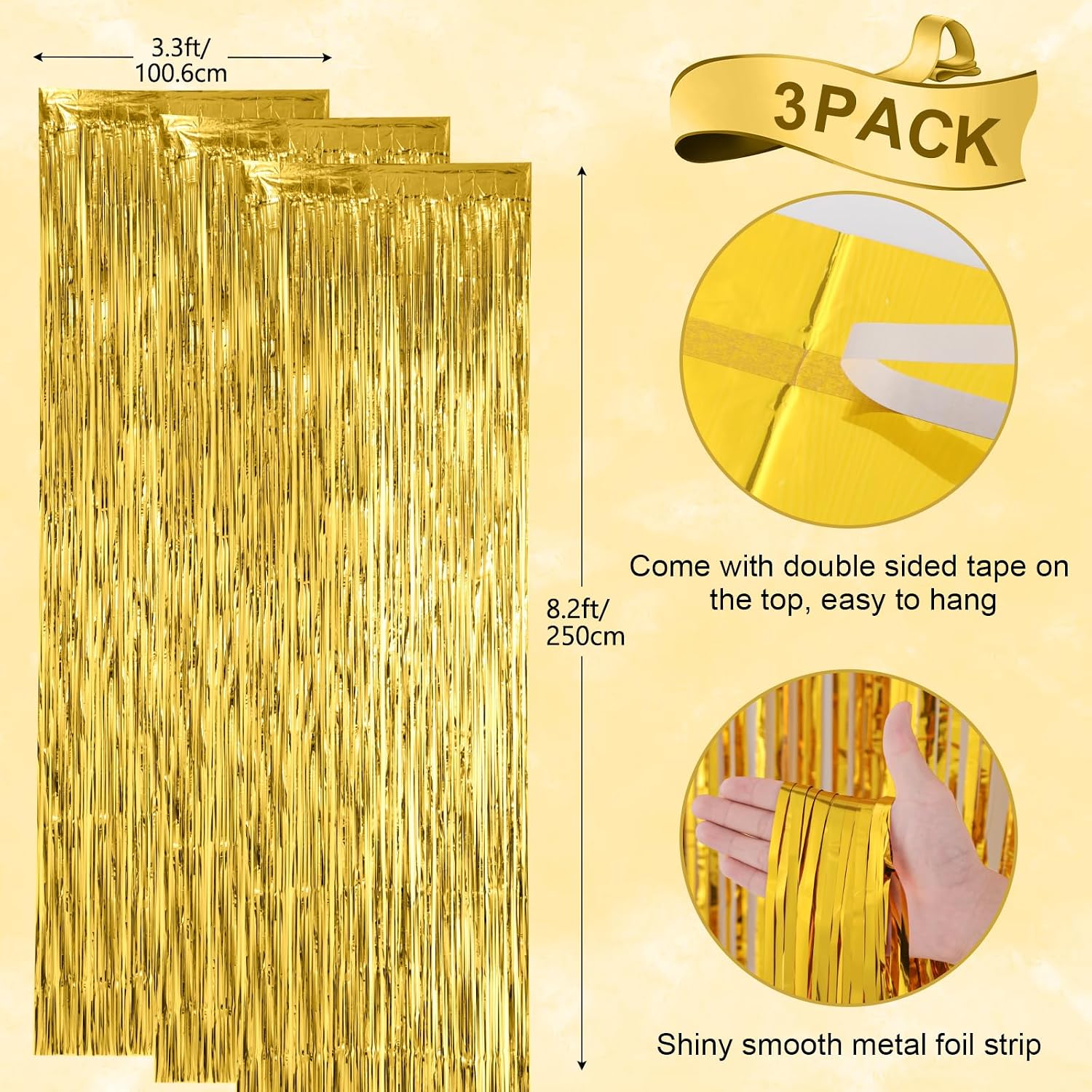 Voircoloria Gold Foil Fringe Backdrop Curtains, 3.3x8.2ft, 3 Pack